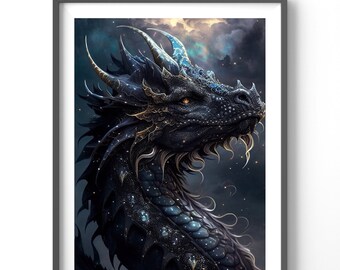 Black Dragon Poster, Matte Vertical Posters, Fantasy Wall Art, Dragon Lover Print