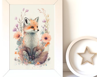 Digital Download |  Baby Fox v10 | Printable Art | Digital Prints Wall Art | Art Prints | Digital Painting | AI Art Print | Watercolor Art