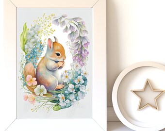 Baby Animal Prints, Squirrel v8, Digital Download, Instant Print, Woodland Animals, Nursery Wall Art, Gender Neutral