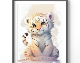 Baby Tiger Cub Poster, Matte Vertical Posters, Watercolor Wall Art, Nursery Animal Print