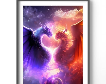 Dragon and Phoenix Poster, Matte Vertical Posters, Fantasy Wall Art, Colorful Print