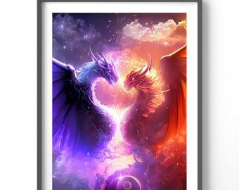Fantasy Poster | Dragon and Phoenix, Matte Vertical Posters, Fantasy Wall Art, Colorful Print