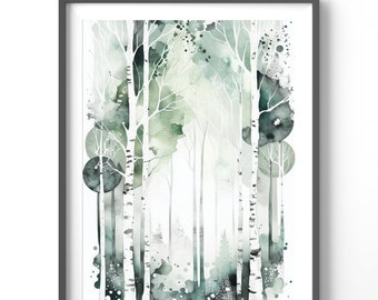 Birch Trees Watercolor Poster, Matte Vertical Posters, Floral Wall Art, Green Print