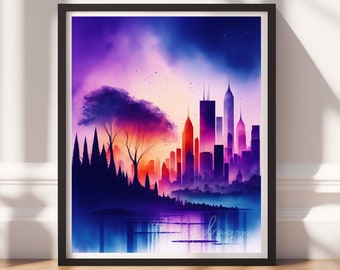 City Painting v7, Digital Download, Downloadable Prints, City Art Print, Colorful Painting, Living Room Wall Art