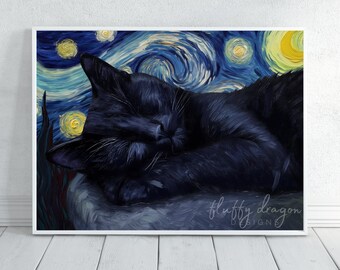 Black Cat Starry Night Poster | Art Print | Unique Pet Gift | Animal Wall Art Decor for Cat Lovers