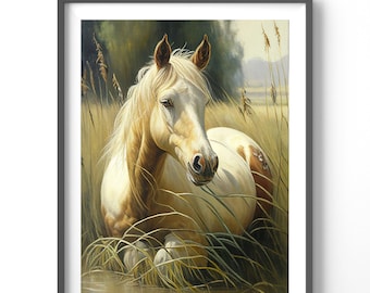 Horse Poster | Vintage Matte Vertical Wall Art | Equestrian Oil Paint Print for Country Home Decor