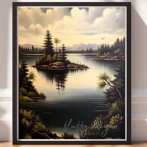 Vintage Lake Landscape Art Print: Scenic Island Decor (Digital Download)