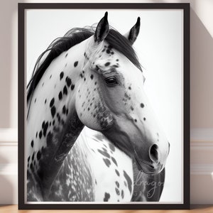 Digital Download |  Spotted Black and White Horse, Horse Wall Art, Horse Print, AI, Digital Art, Printable Wall Art, Printable Art Prints