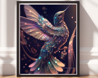 Celestial Hummingbird Art - Fantasy Bird Wall Decor - Cosmic Nature Print - Digital Download Painting
