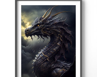 Black Dragon Poster, Matte Vertical Posters, Dragon Wall Art, Fantasy Print