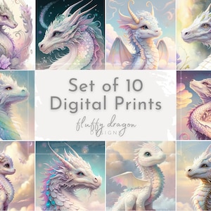 Dragon Art Print, Watercolor Fantasy Home Decor Mythology, Dragon Wall Art, Magical Mythical Creature Illustrations Aqua, White, Set of 10