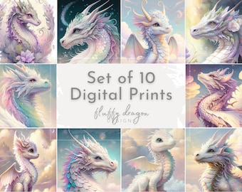 Set of 10 Baby Dragon Art Prints, Downloadable Fantasy Artwork for Whimsical Nursery Decor, Cute Dragon Illustrations