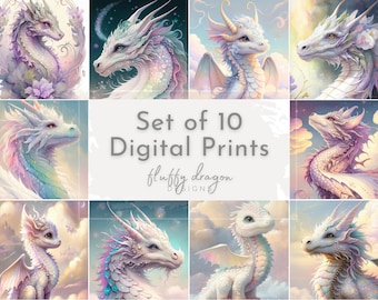 Dragon Art Print, Watercolor Fantasy Home Decor Mythology, Dragon Wall Art, Magical Mythical Creature Illustrations Aqua, White, Set of 10