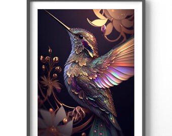 Neon Hummingbird Poster, Matte Vertical Posters, Bird Wall Art, Black and Colorful Animal Print