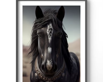 Horse Art - Spotted Horse Poster, Matte Vertical Equestrian Wall Art, Black and White Print for Home Decor
