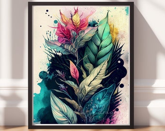 Botanical Art v18, Digital Download, Printable Art, Colorful Painting, Modern Prints, Leaves Decor, Abstract Painting