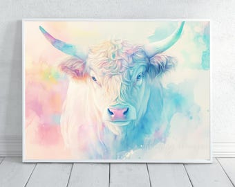 Whimsical Highland Cow Poster - Colorful Farmhouse Wall Art, Matte Vertical Print & Watercolor Decor for Animal Lovers
