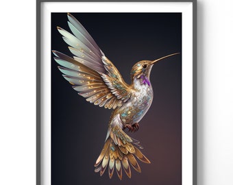 Neon Hummingbird Poster, Matte Vertical Posters, Bird Wall Art, Black and Colorful Animal Print