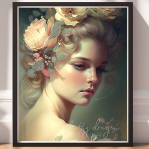 Vintage Woman Portrait Art Print: Elegant Floral Digital Download