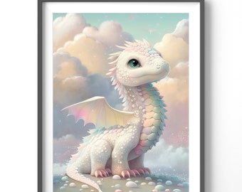 Baby Dragon Poster - Watercolor Wall Art, Matte Vertical Fantasy Print for Kids' Room Decor, Adorable Nursery Decor