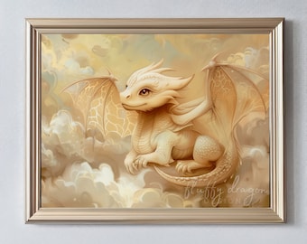 Digital Art - Adorable Baby Dragon Print, Neutral Home Decor, Cute Animal Wall Art, Fantasy Illustration, Kids Room Decor