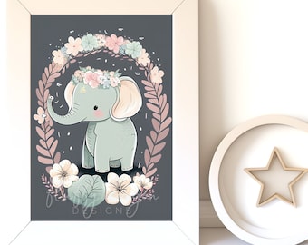 Digital Download |  Baby Elephant v19 | Printable Art | Digital Print Wall Art | Art Print | Nursery Wall Art | AI Print | Watercolor Art