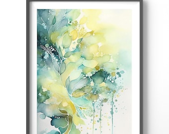 Abstract Poster - Green & Gold Watercolor Wall Art, Matte Vertical Decor for Living Room, Modern Home Aesthetic, Nature-Inspired