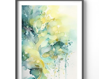 Green Abstract Poster, Matte Vertical Posters, Watercolor Wall Art, Green and Gold Print