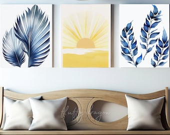 Blue Leaf Wall Art, Palm Leaf, Abstract Botanical Wall Decor, Blue Leaves, Nature Art, Tropical Fern, Yellow Sunset, Set of 3 Digital Prints