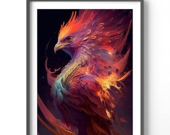 Neon Phoenix Poster, Matte Vertical Posters, Fantasy Wall Art, Fire Bird Print