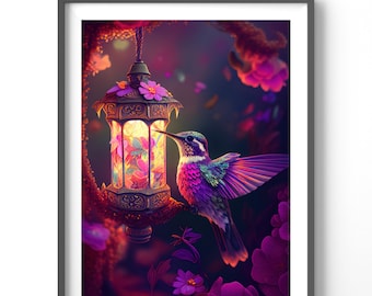 Bird Poster, Colorful Hummingbird Wall Art, Matte Vertical Print for Home Decor & Nature Lovers