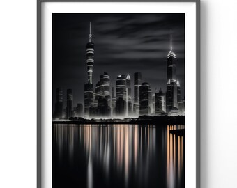Cityscape Poster - Watercolor Black & White City Wall Art, Matte Vertical Decor for Home or Office, Urban Landscape Print