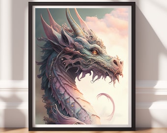Dragon Print v10, Digital Painting Art, Printable Wall Art, Instant Download, Fantasy Decor, Gamer Gifts, Game Room