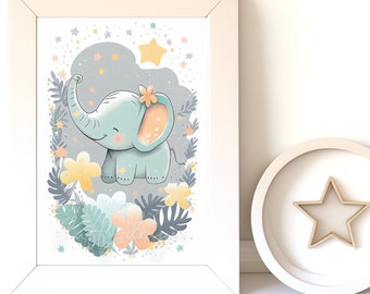 Digital Download |  Baby Elephant v10 | Printable Art | Digital Print Wall Art | Art Print | Nursery Wall Art | AI Print | Watercolor Art