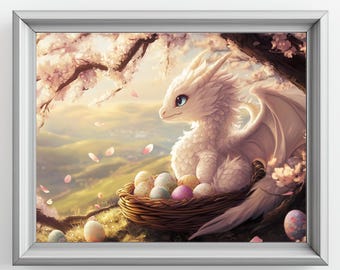 Baby Easter Dragon Print, White Dragon Digital Download, Whimsical Artwork for Kids, Printable Nursery Decor, Cute Gift Idea
