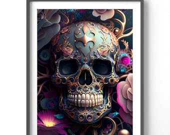 Skull Poster - Sugar Skull Art, Matte Vertical Wall Decor, Fantasy Print for Home, Colorful Wall Art
