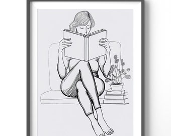 Bookish Line Art Poster, Matte Vertical Posters, Minimalistic Wall Art, Book Worm Print