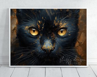 Cat Poster | Black and Gold Cat Art| Horizontal Oil Painting | Stylish Black Wall Art Decor | Unique Home Design
