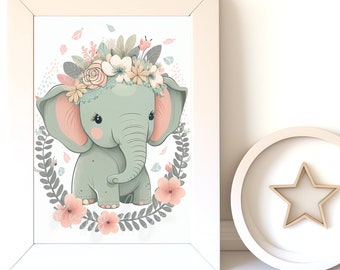Digital Download |  Baby Elephant v18 | Printable Art | Digital Print Wall Art | Art Print | Nursery Wall Art | AI Print | Watercolor Art