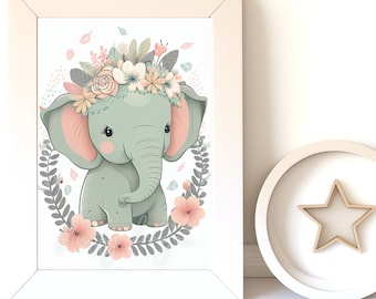 Digital Download |  Baby Elephant v18 | Printable Art | Digital Print Wall Art | Art Print | Nursery Wall Art | AI Print | Watercolor Art