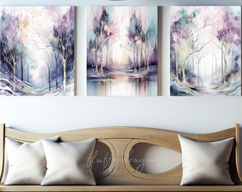 Trees Wall Art, Watercolor Trees, Forest Nature Botanical Wall Decor, Watercolor Painting, Purple Aqua Pink Pastel Digital Art Print Set