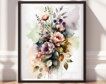 Watercolor Flowers v4, Digital Download, Floral Wall Art, Instant Print, Pastel Decor, Digital Prints