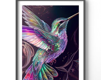 Holographic Hummingbird Poster, Matte Vertical Posters, Bird Wall Art, Black and Colorful Animal Print