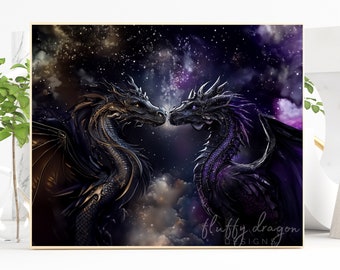 Dragons in Love, Digital Download, Black Dragon, Digital Print, Fantasy Art