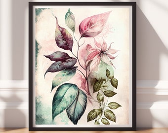 Botanical Art v7, Digital Download, Printable Art, Colorful Painting, Modern Prints, Leaves Decor, Abstract Painting