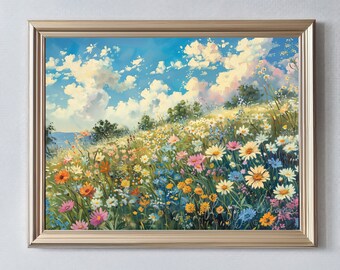 Vintage Wildflower Field | Digital Print | Instant Download | Landscape Art | Colorful Nature Print
