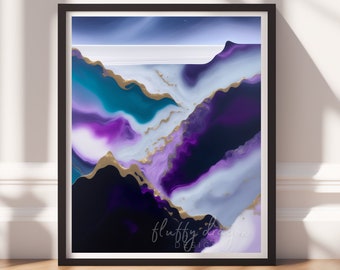 Abstract Mountain Digital Art, AI Fluid Landscape Print, Gold & Purple Wall Decor, Elegant Modern Artwork, High-Resolution Download