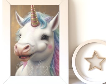 Whimsical Artwork - Cute Unicorn Art Print, Digital Download Animal Decor for Kids' Rooms & Nursery