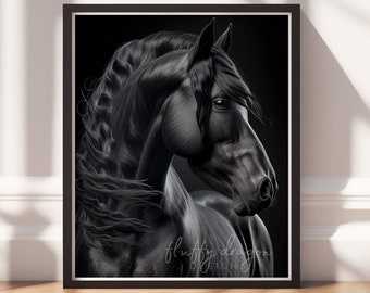 Black Horse Art - Digital Download Equestrian Decor for Horse Lovers, Printable Wall Art, Animal Artwork, Home Decor