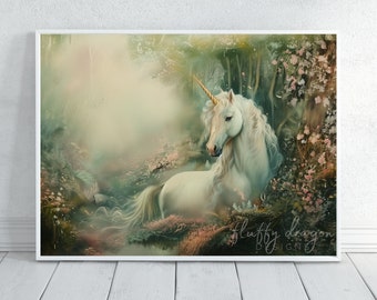 Vintage Unicorn in a Forest Poster | Magical Print | Floral Print | Colorful Wall Art